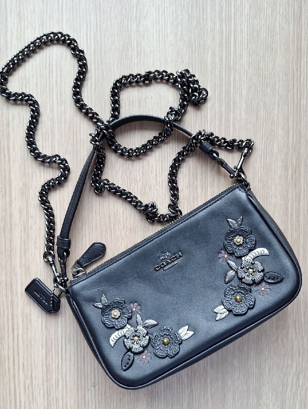 Coach Black Leather Floral Appliqué Chain Crossbody Bag